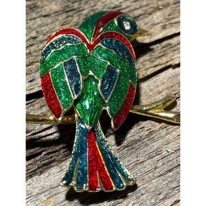 Stunning Brooch Parrot Bird Enameled Gold tone 2”
